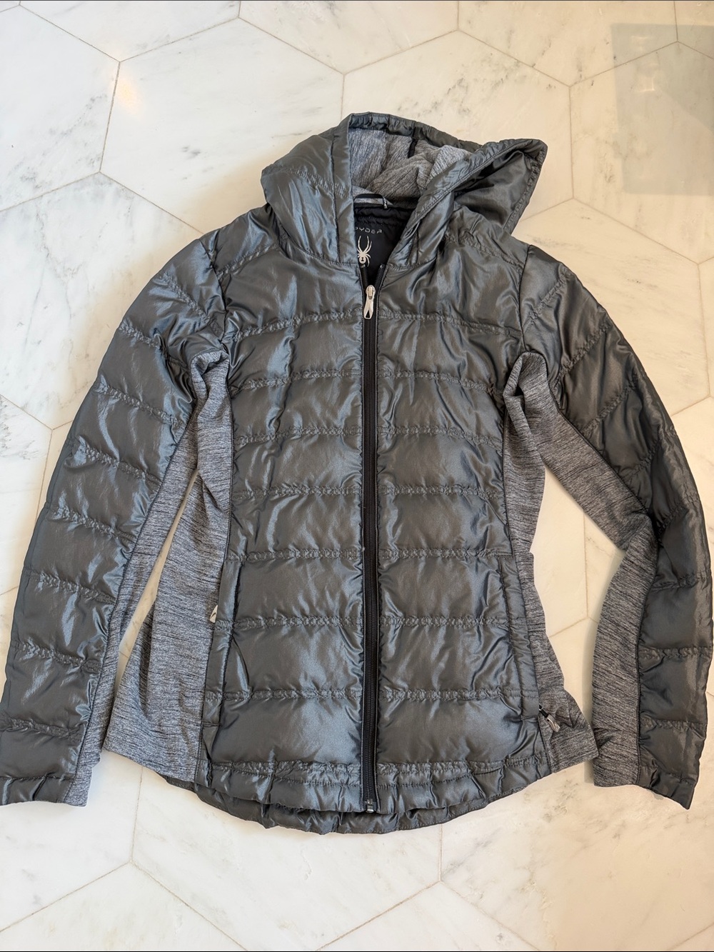 Spyder Women's Gray Quilted Hooded Hybrid Puffer Jacket